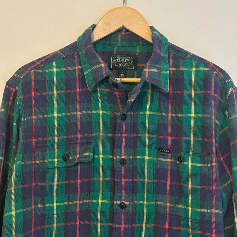 Polo Country Ralph Lauren Plaid Flannel Shirt Mens XL Outdoor Preppy Loop Collar